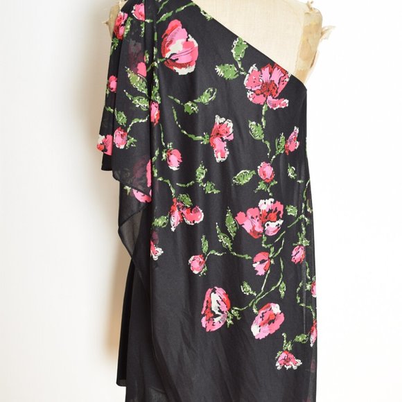 vintage 70s dress black pink one shoulder draped floral print disco mini S - Picture 7 of 7